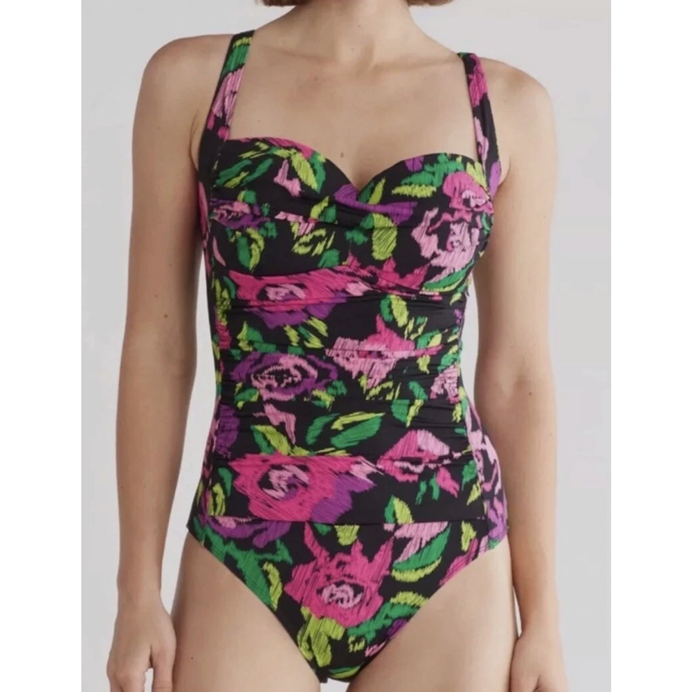 NEW BETSEY JOHNSON BLACK LUSH MEADOW ROSE BALCONETTE ONE PIECE SWIMSUIT SZ L